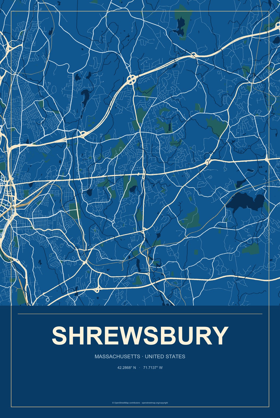 Shrewsbury, Massachusetts City Map Aluminum Sign in Harbor Cobalt style