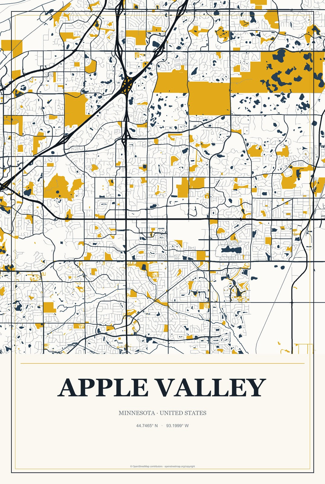 Apple Valley, Minnesota City Map Aluminum Sign in Citrine Modern style