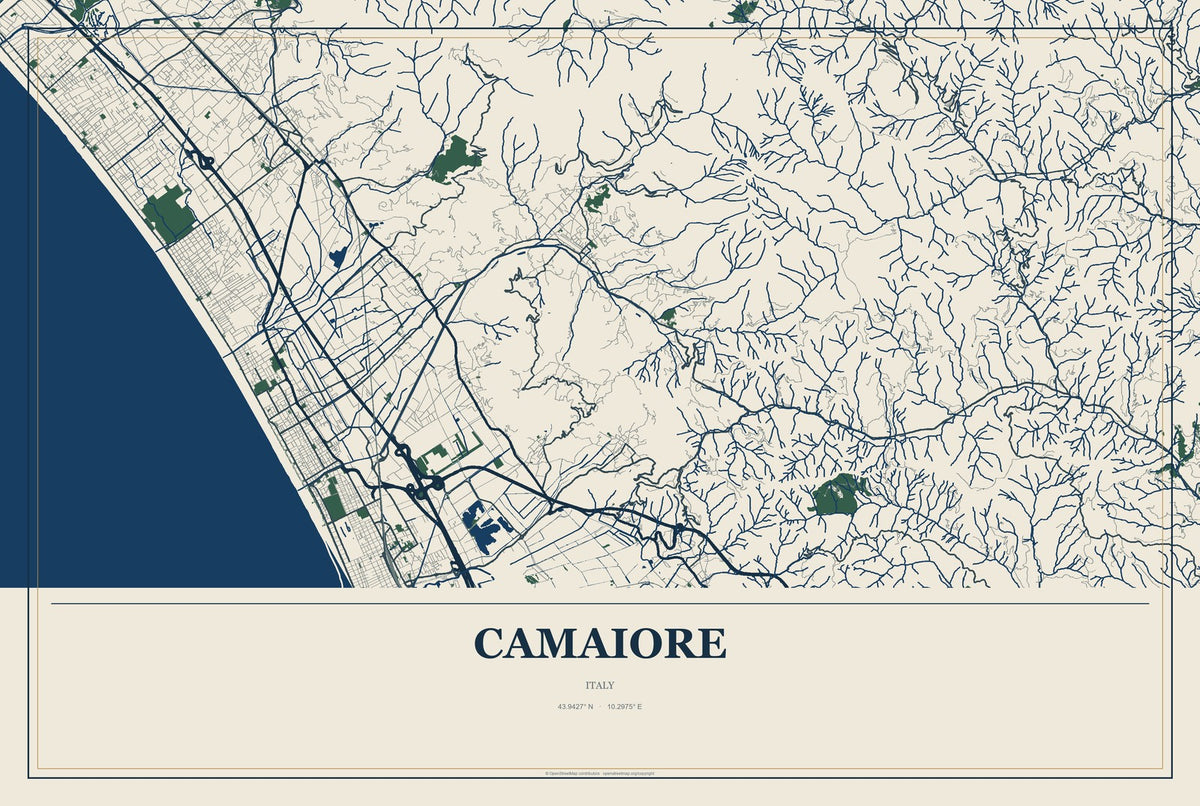 Camaiore, Italy City Map Aluminum Sign in Coastal Cutout style