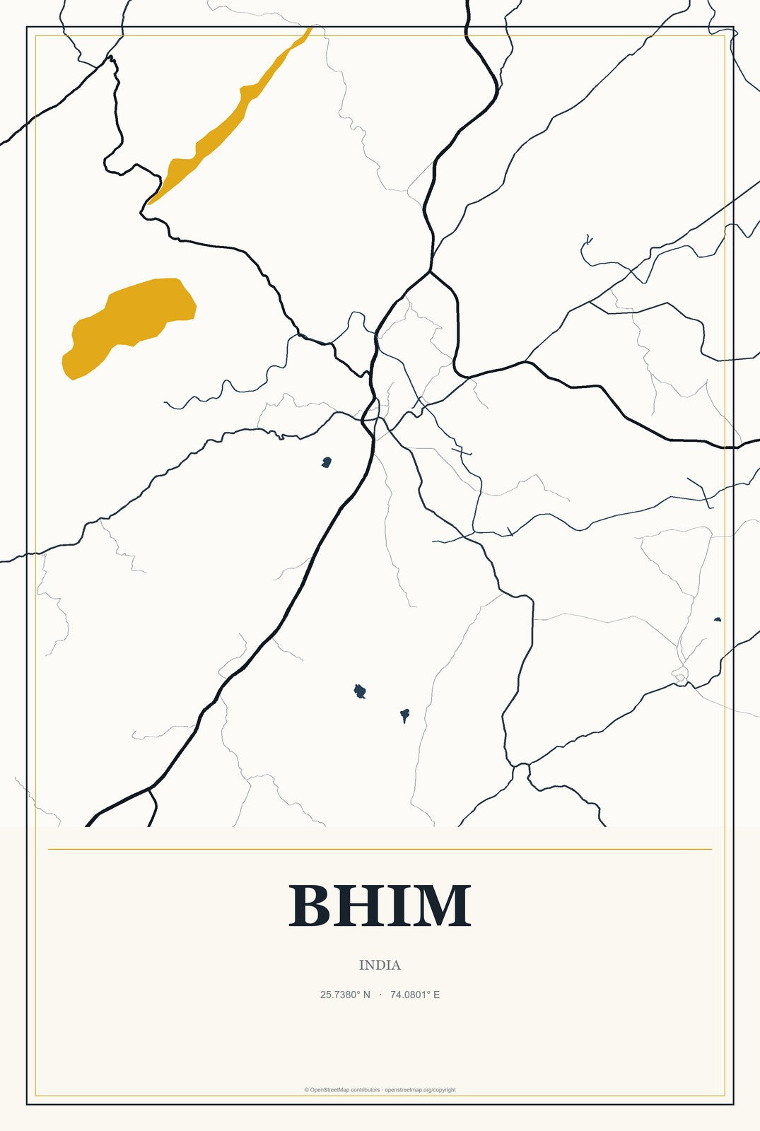 Bhim, India City Map Aluminum Sign in Citrine Modern style