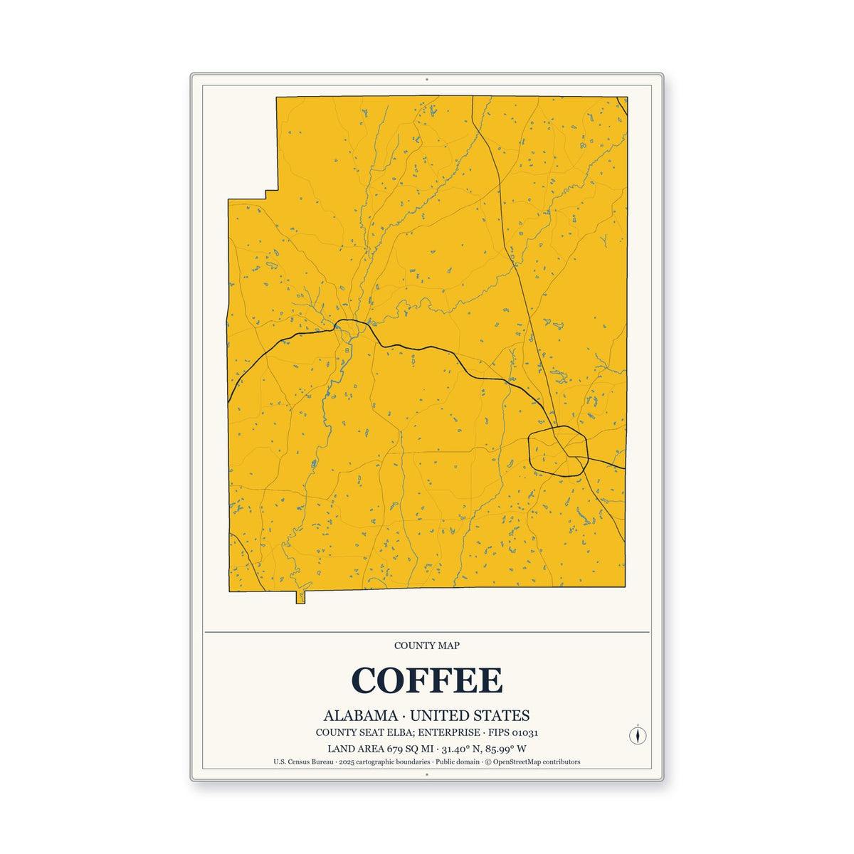 Coffee County, Alabama Map Aluminum Sign in Citrine Modern style