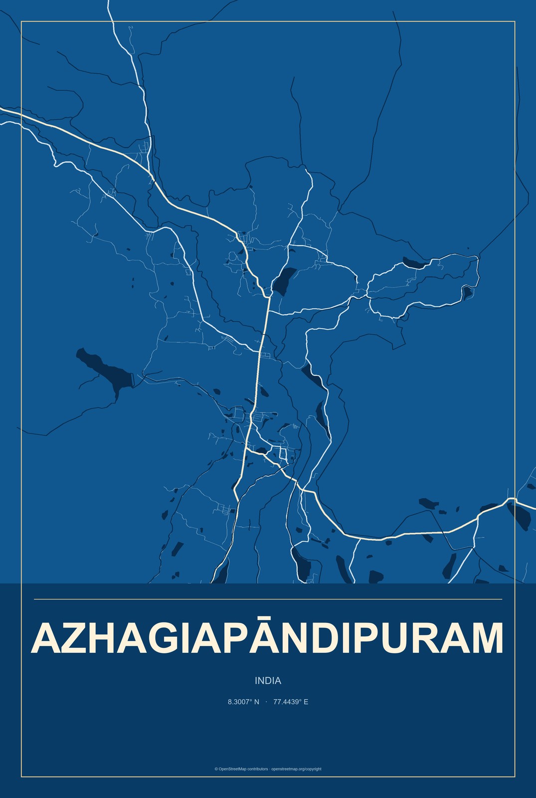 Azhagiapāndipuram, India City Map Aluminum Sign in Harbor Cobalt style