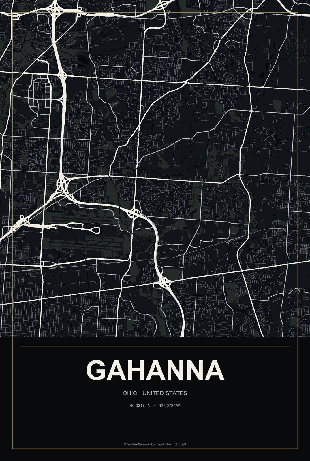 Gahanna, Ohio City Map Aluminum Sign in Metropolitan Noir style