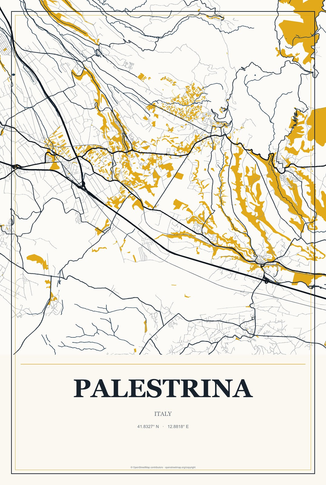 Palestrina, Italy City Map Aluminum Sign in Citrine Modern style