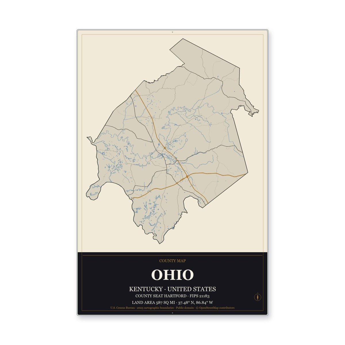 Ohio County, Kentucky Map Aluminum Sign in Museum Plaque style