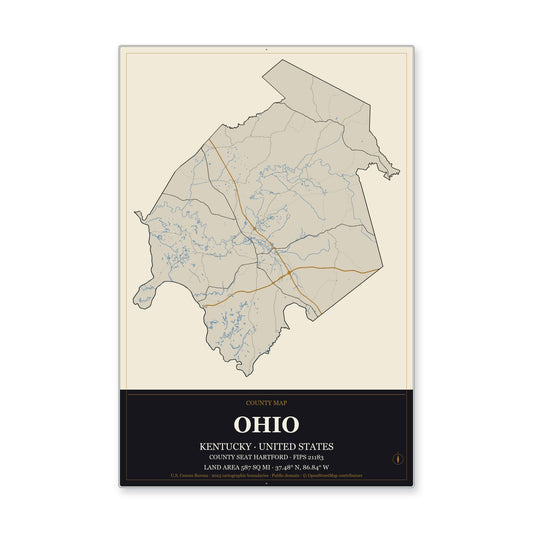 Ohio County, Kentucky Map Aluminum Sign in Museum Plaque style