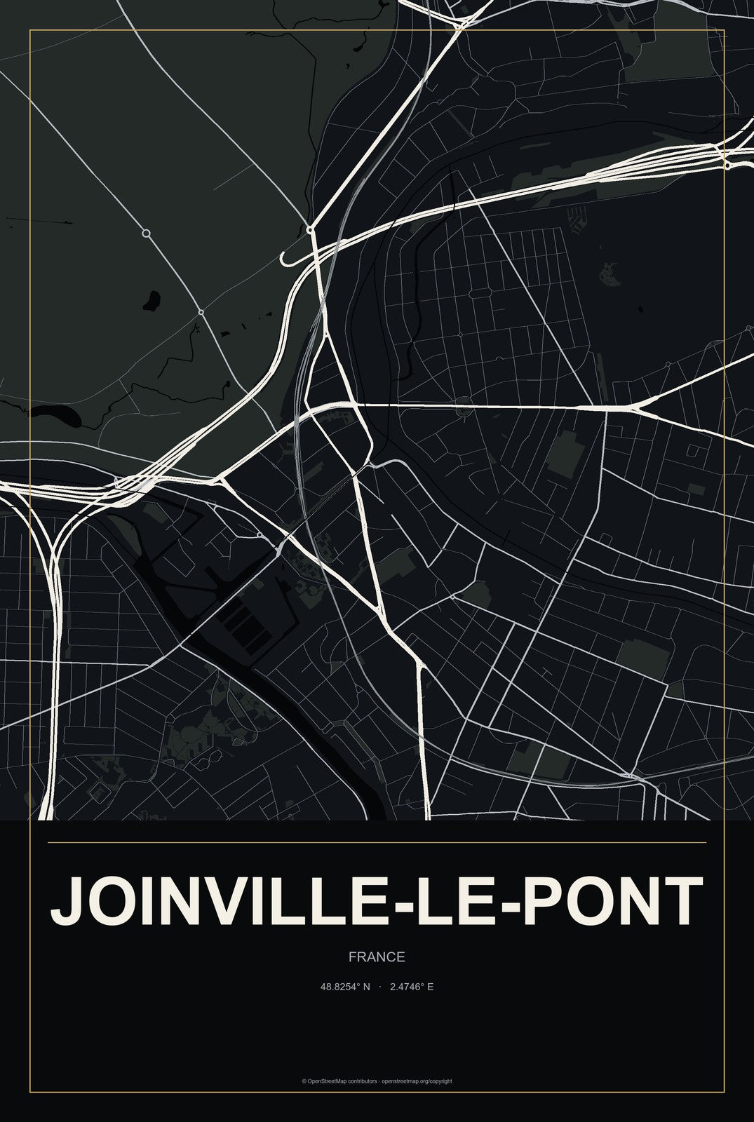 Joinville-le-Pont, France City Map Aluminum Sign in Metropolitan Noir style