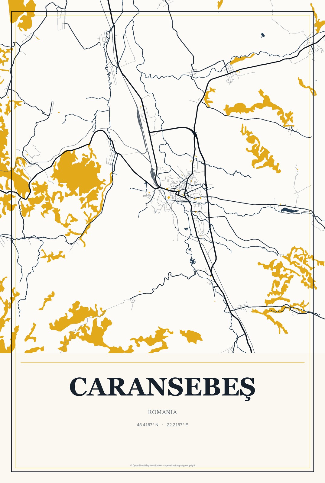 Caransebeş, Romania City Map Aluminum Sign in Citrine Modern style