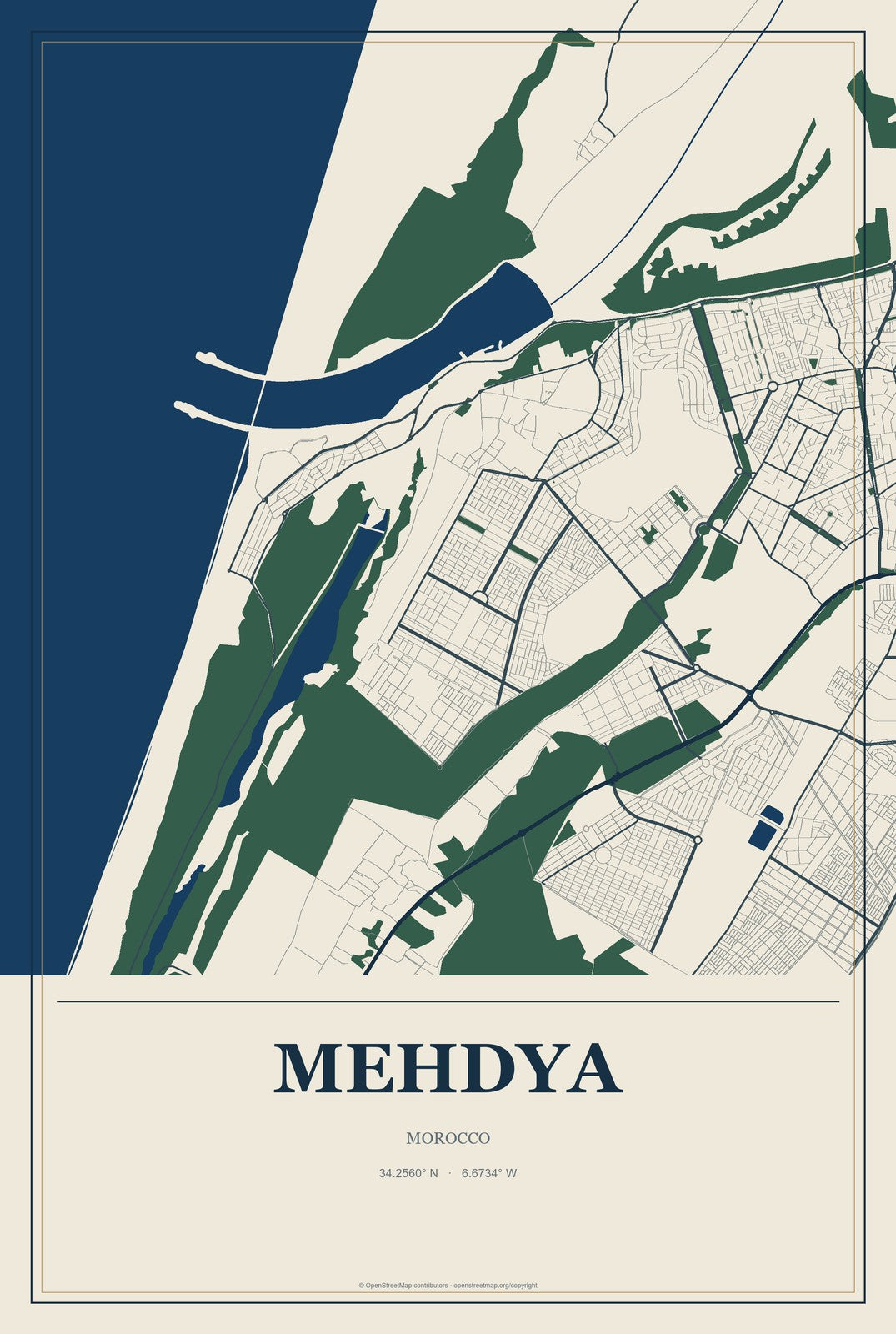 Mehdya, Morocco City Map Aluminum Sign in Coastal Cutout style