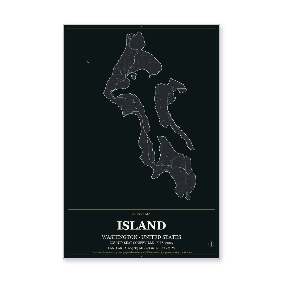 Island County, Washington Map Aluminum Sign in Metropolitan Noir style