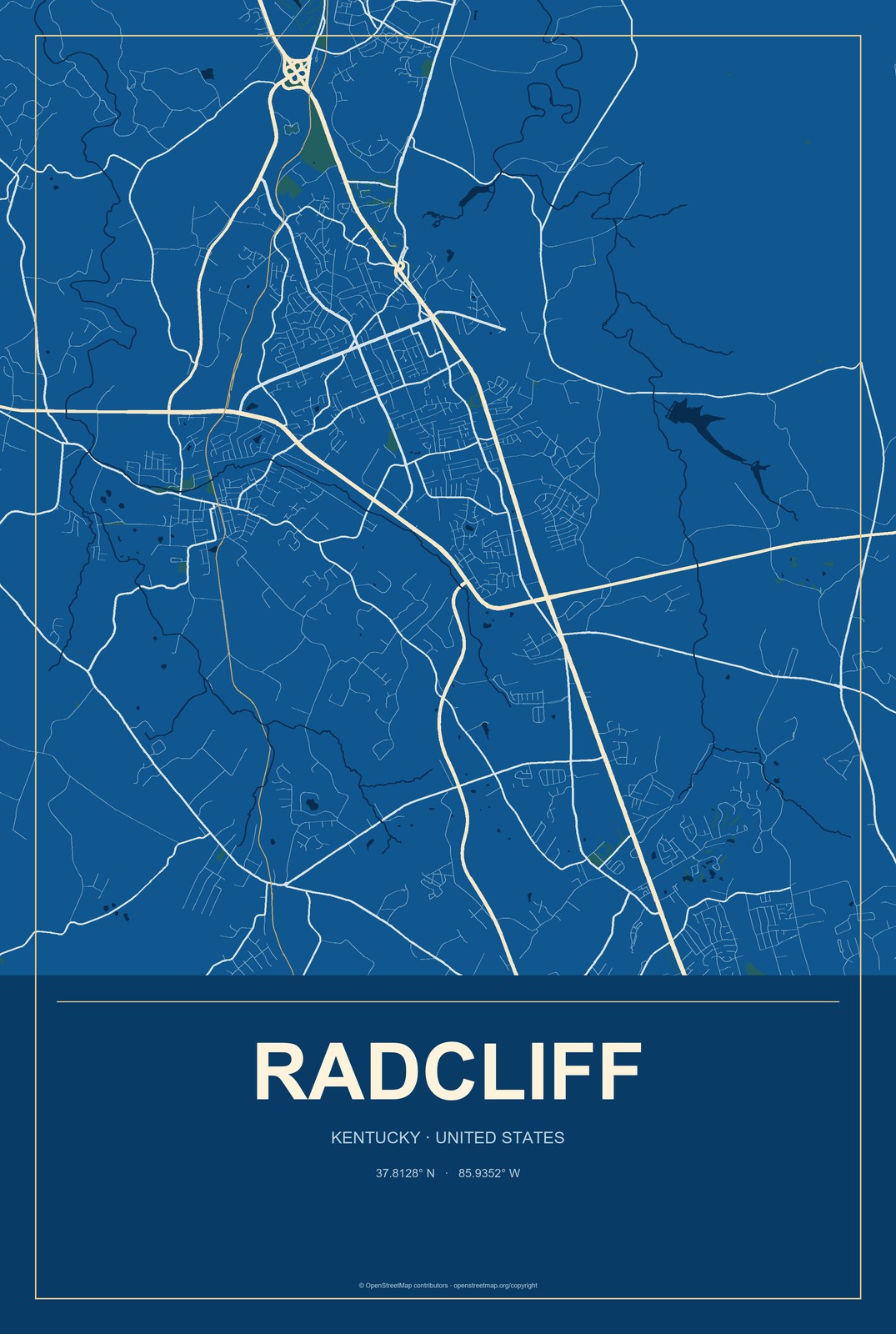 Radcliff, Kentucky City Map Aluminum Sign in Harbor Cobalt style