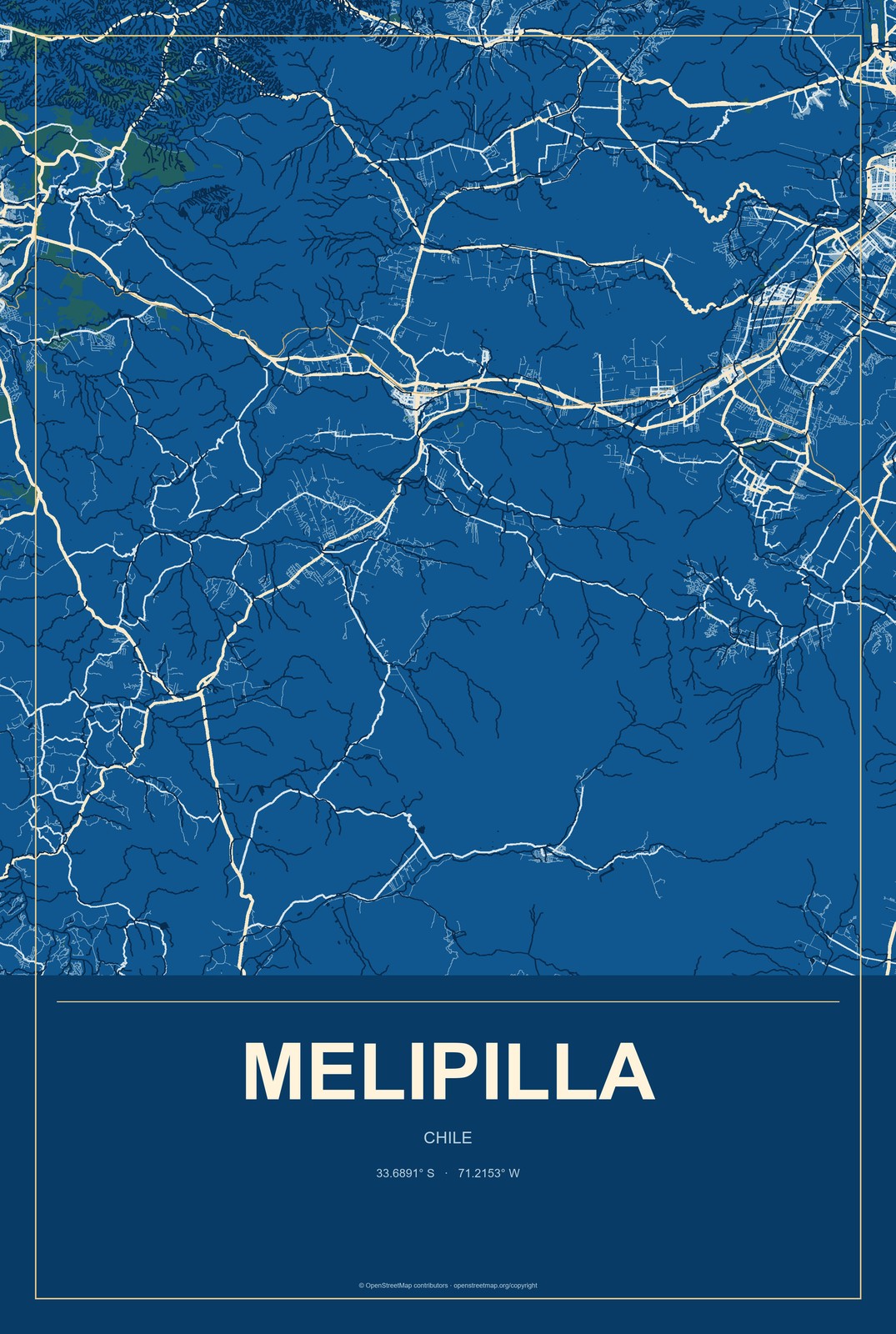 Melipilla, Chile City Map Aluminum Sign in Harbor Cobalt style