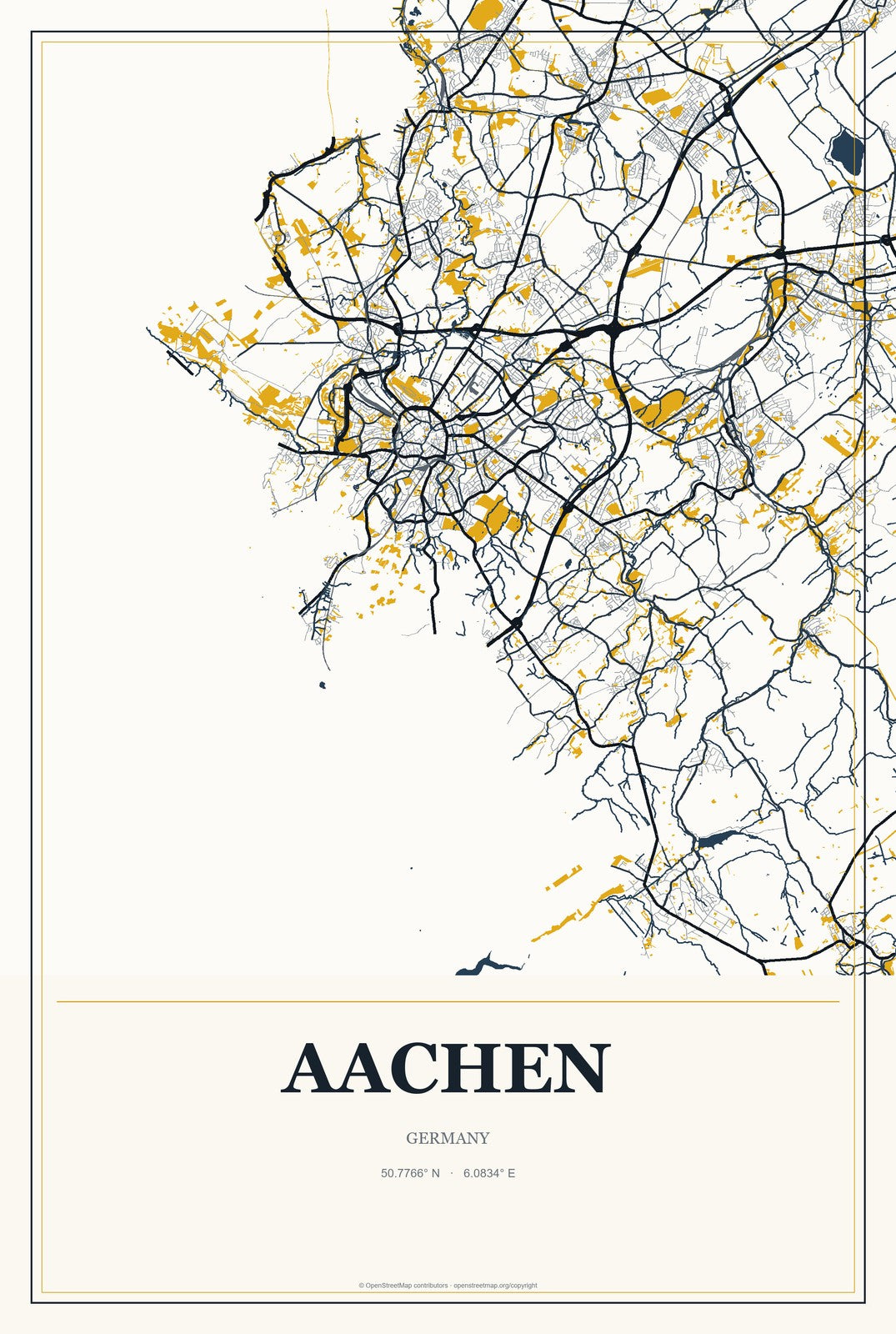 Aachen, Germany City Map Aluminum Sign in Citrine Modern style