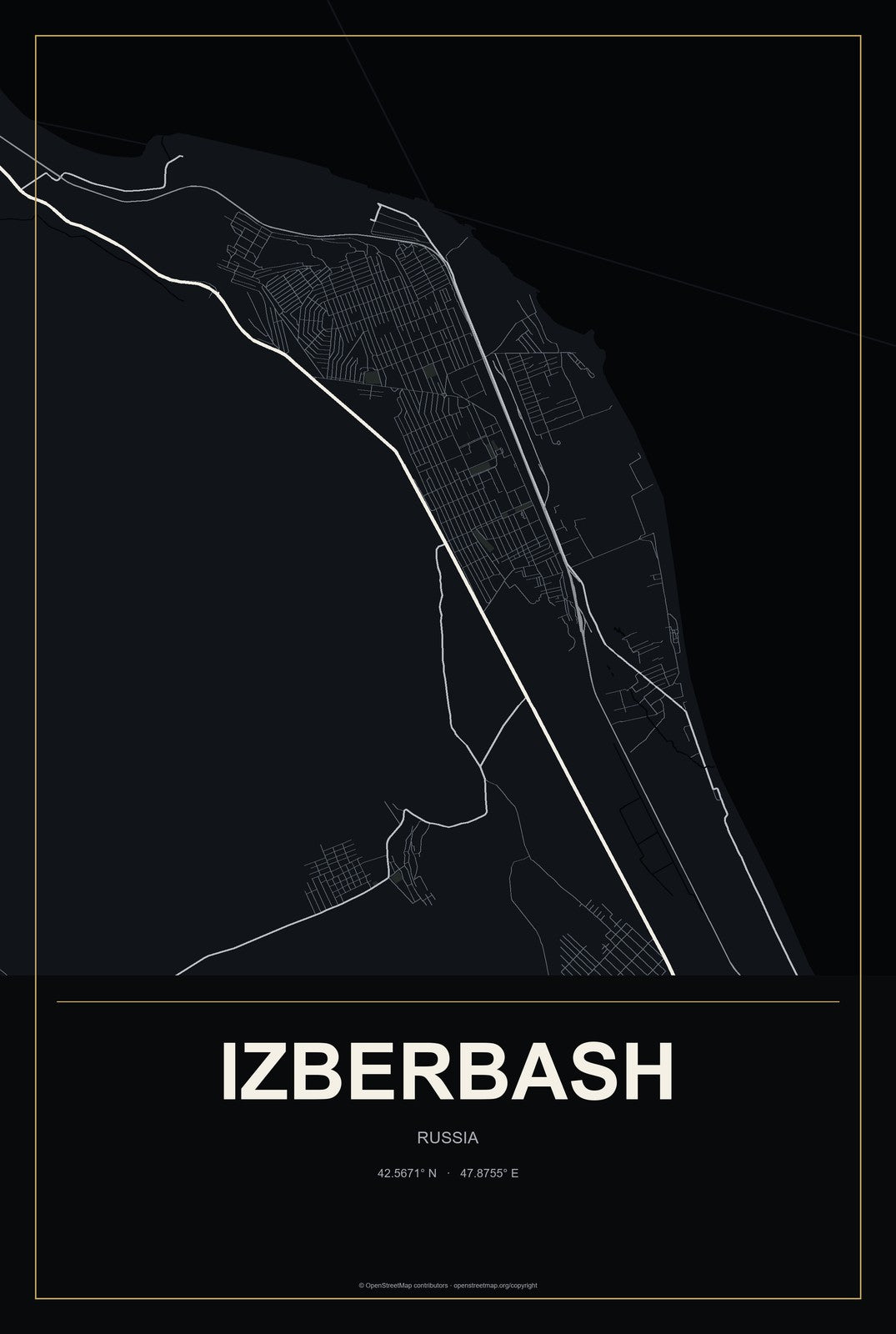 Izberbash, Russia City Map Aluminum Sign in Metropolitan Noir style