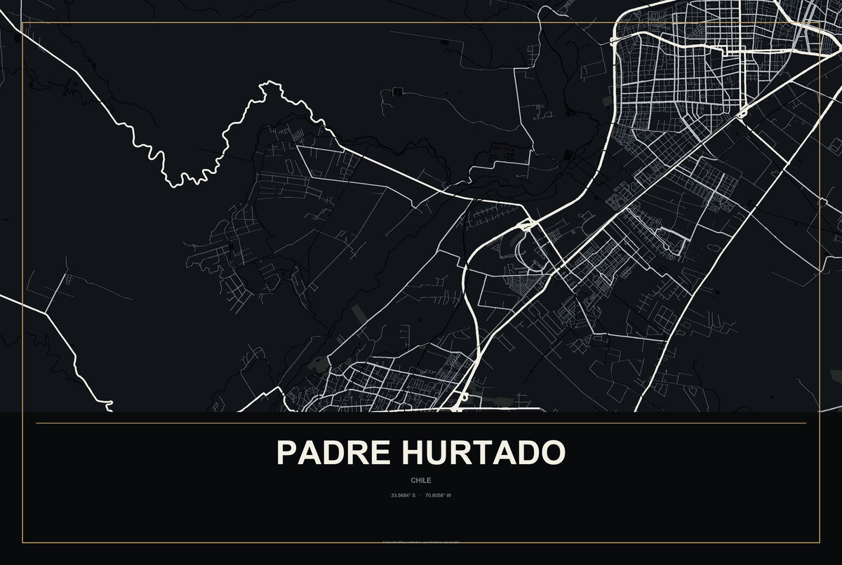 Padre Hurtado, Chile City Map Aluminum Sign in Metropolitan Noir style
