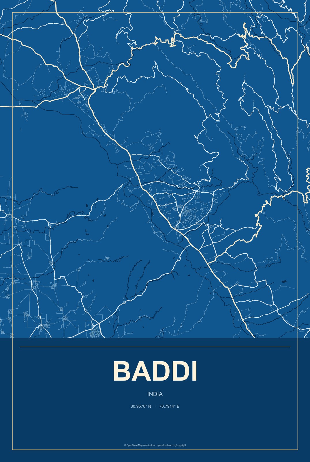 Baddi, India City Map Aluminum Sign in Harbor Cobalt style