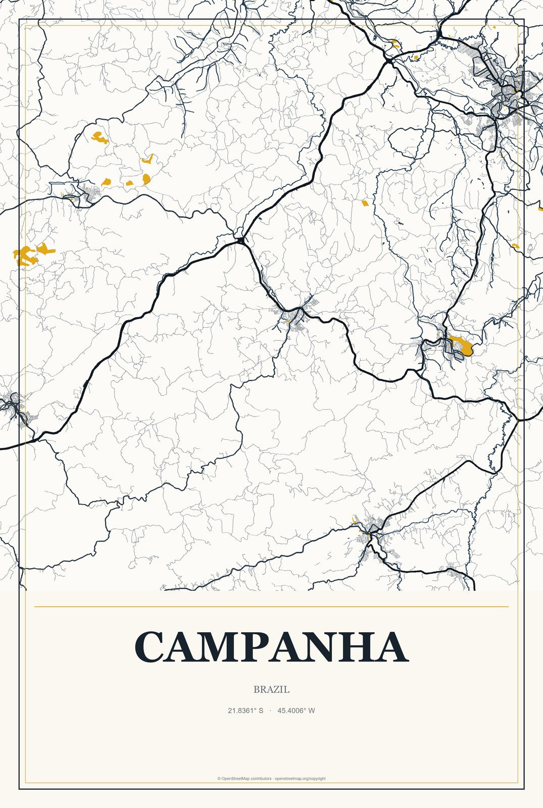 Campanha, Brazil City Map Aluminum Sign in Citrine Modern style