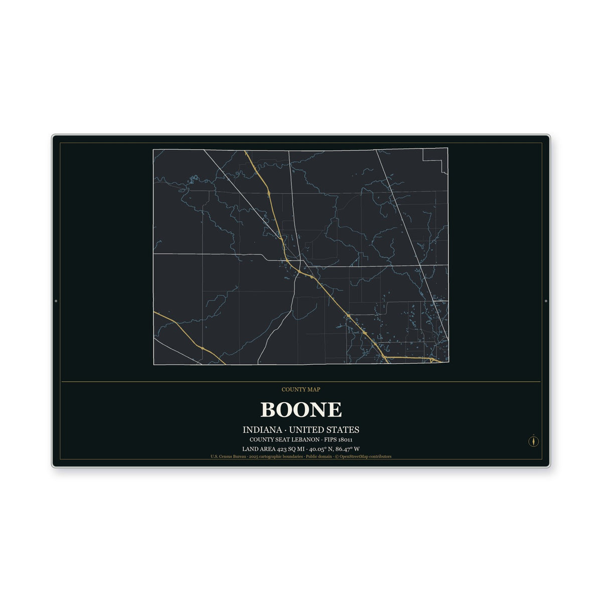 Boone County, Indiana Map Aluminum Sign in Metropolitan Noir style