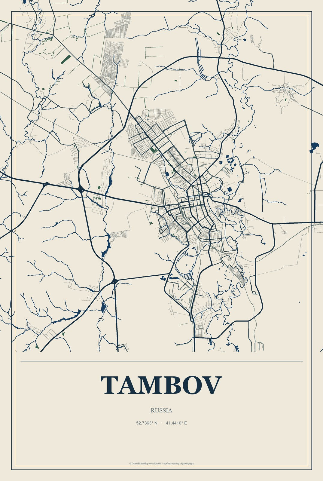 Tambov, Russia City Map Aluminum Sign in Coastal Cutout style