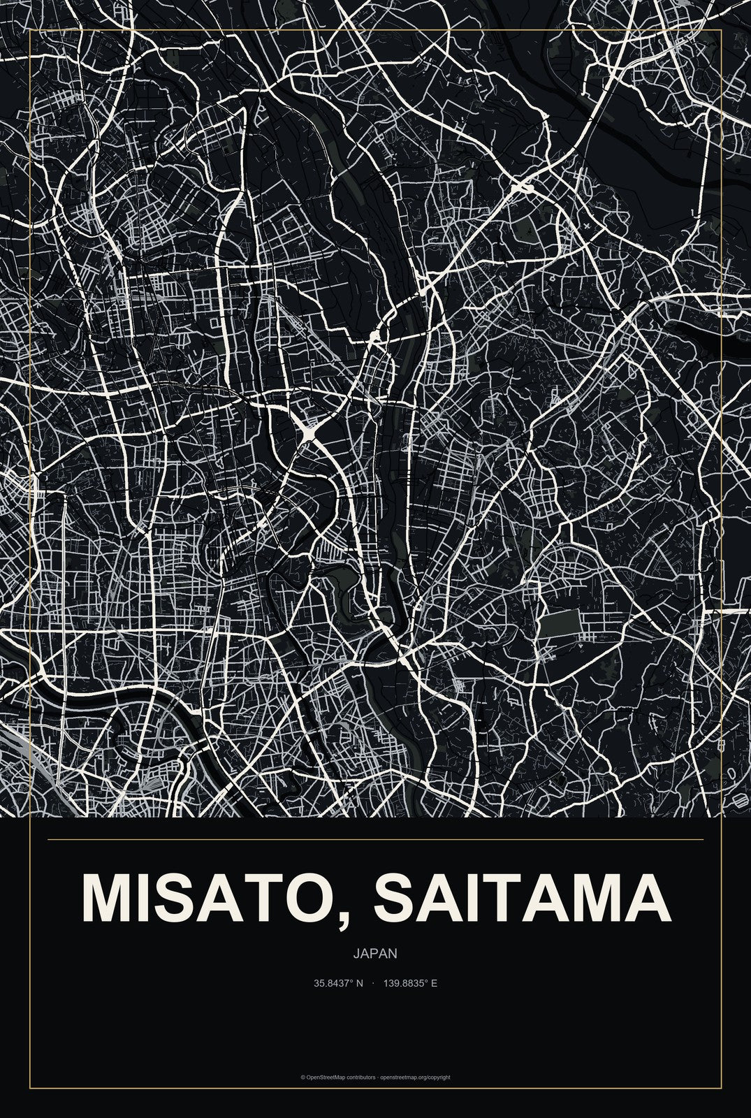Misato, Saitama, Japan City Map Aluminum Sign in Metropolitan Noir style