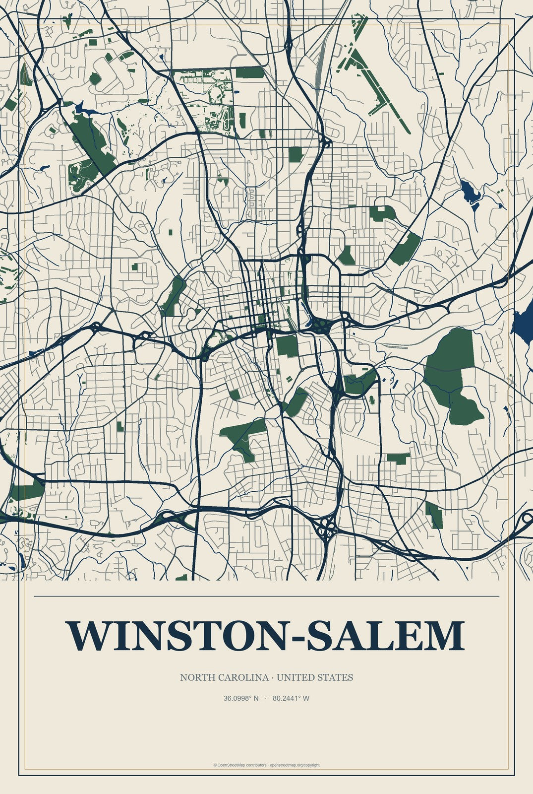 Winston-Salem, North Carolina City Map Aluminum Sign in Coastal Cutout style