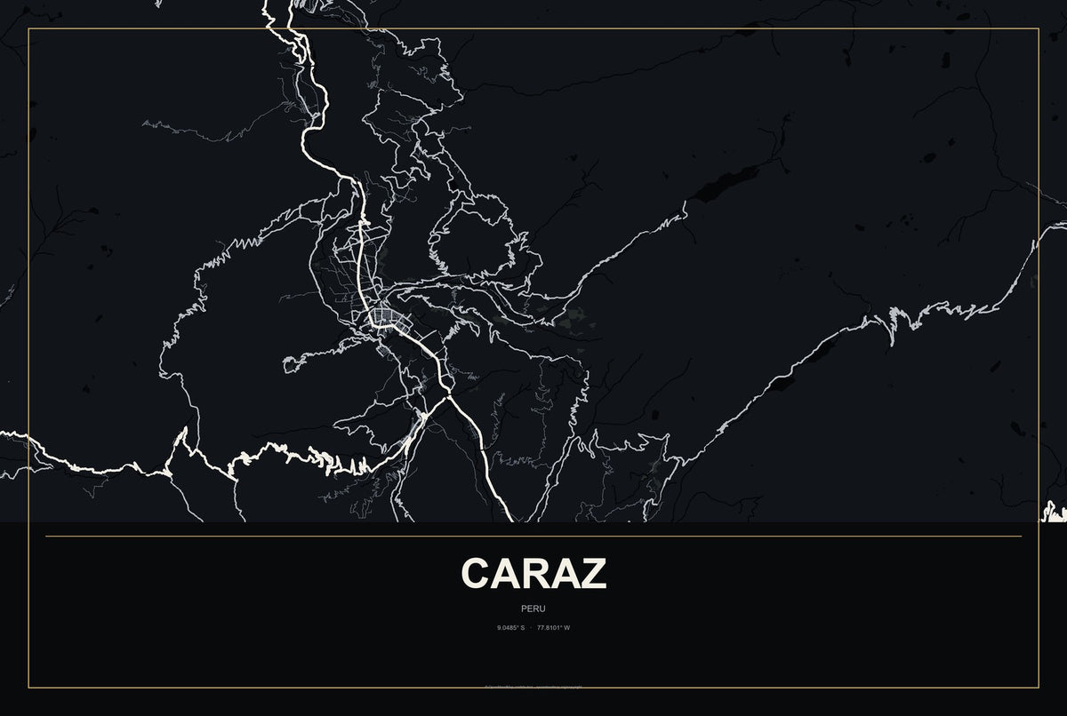 Caraz, Peru City Map Aluminum Sign in Metropolitan Noir style