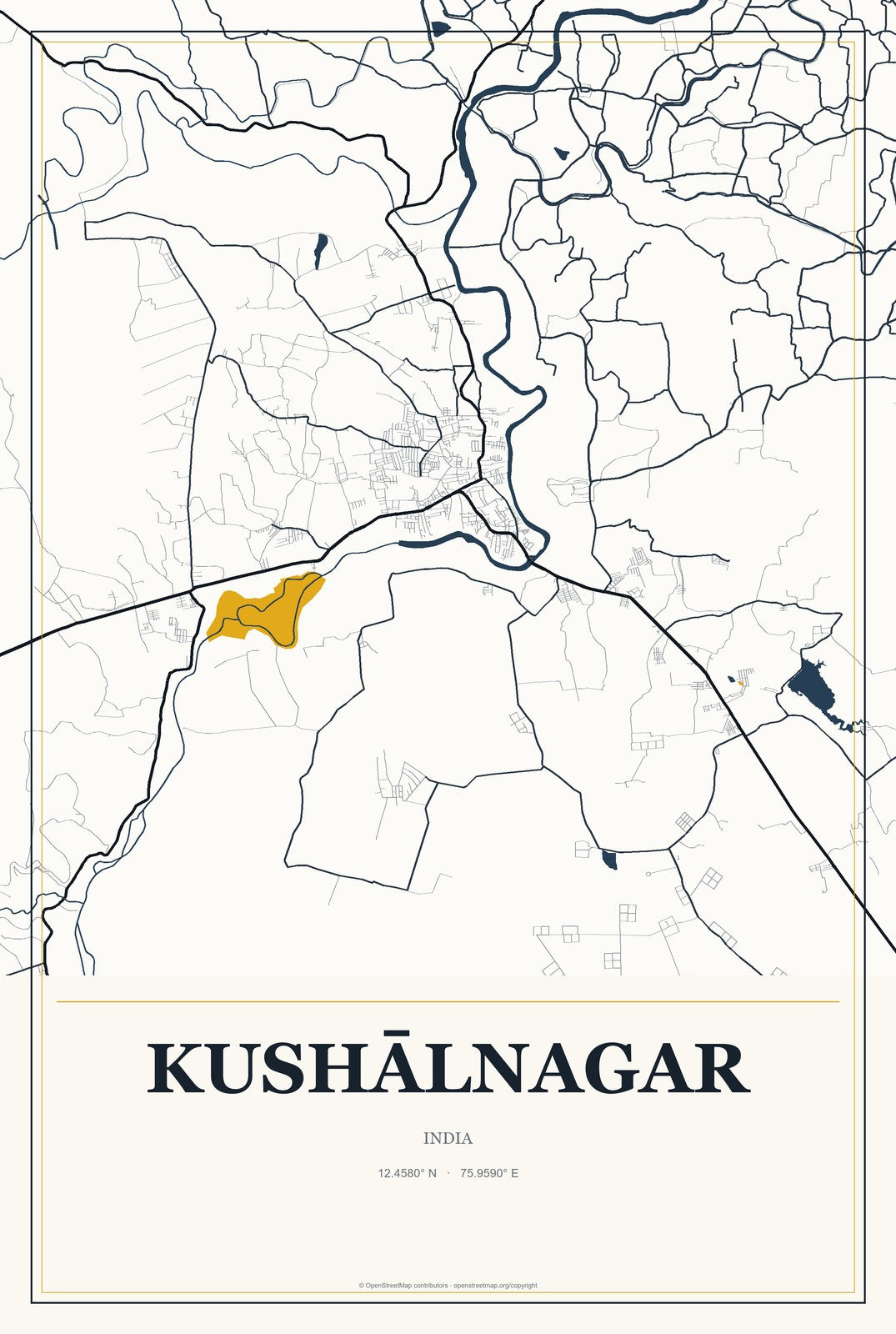 Kushālnagar, India City Map Aluminum Sign in Citrine Modern style