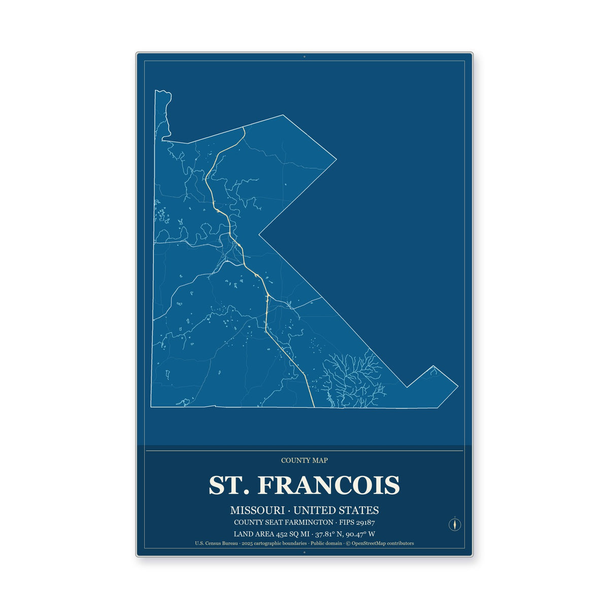 St. Francois County, Missouri Map Aluminum Sign in Harbor Cobalt style