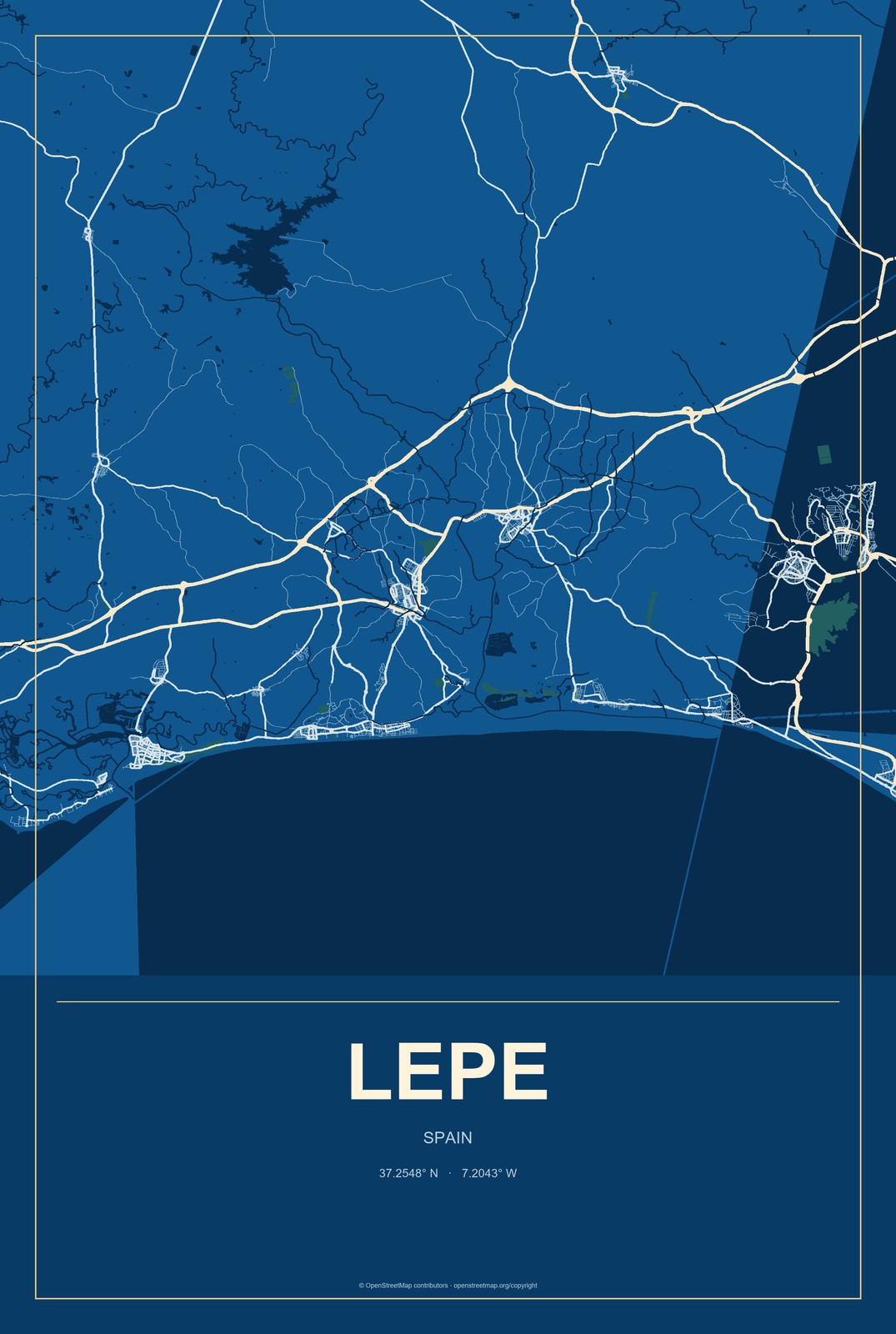 Lepe, Spain City Map Aluminum Sign in Harbor Cobalt style