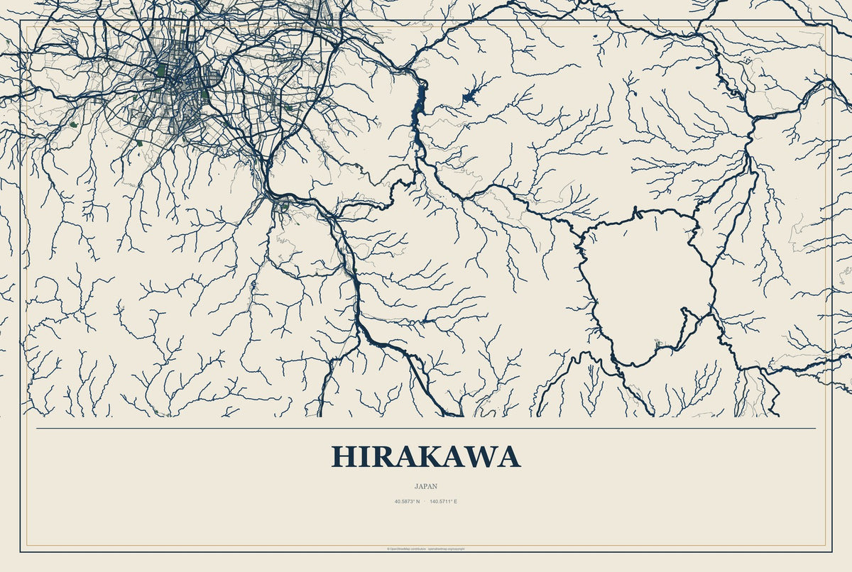 Hirakawa, Japan City Map Aluminum Sign in Coastal Cutout style
