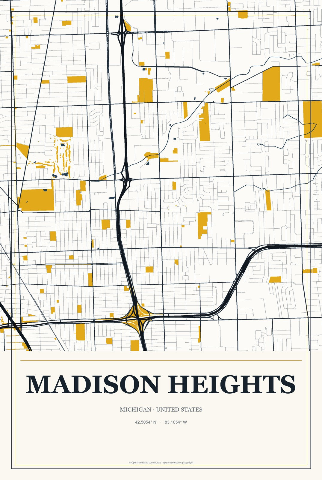 Madison Heights, Michigan City Map Aluminum Sign in Citrine Modern style