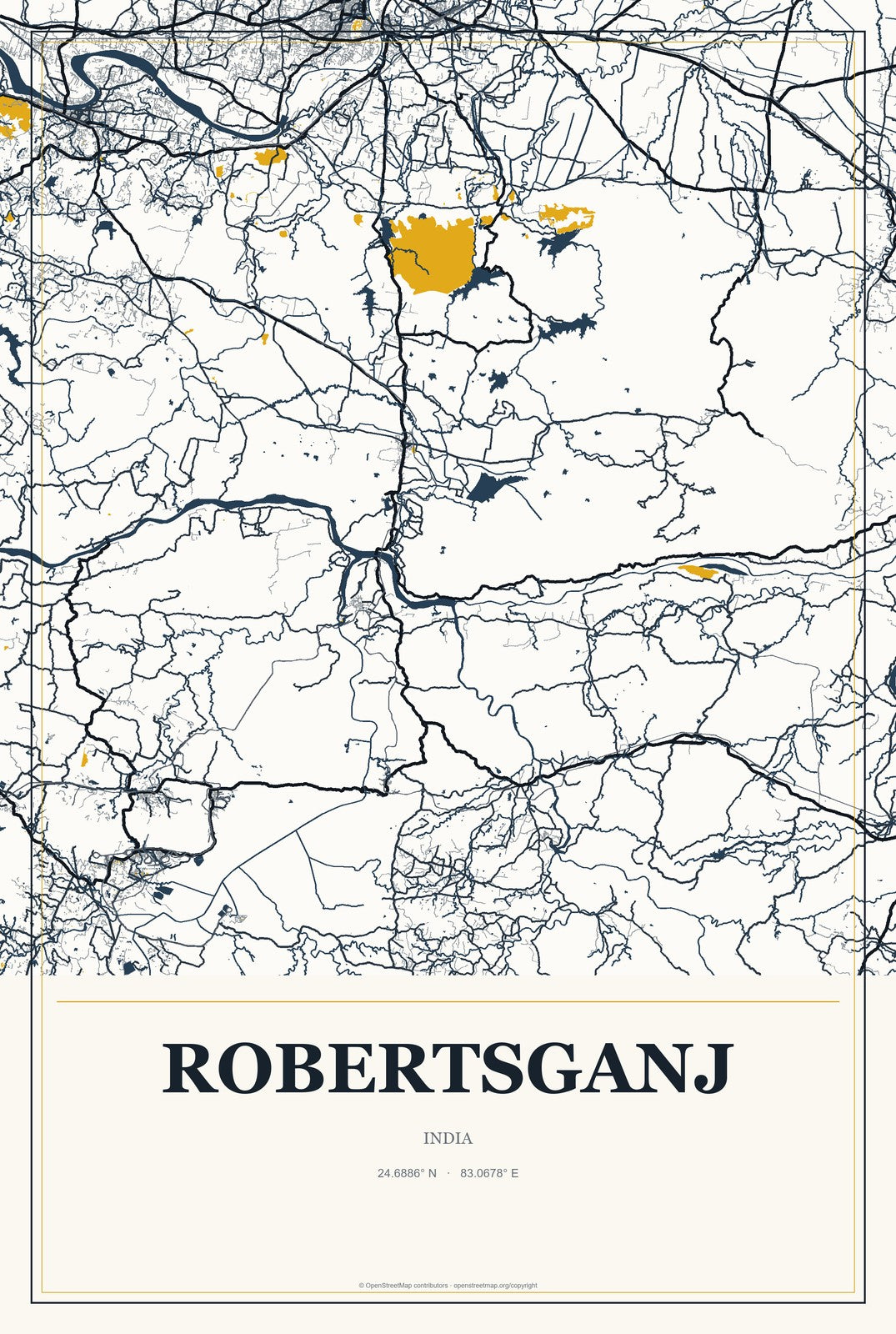 Robertsganj, India City Map Aluminum Sign in Citrine Modern style