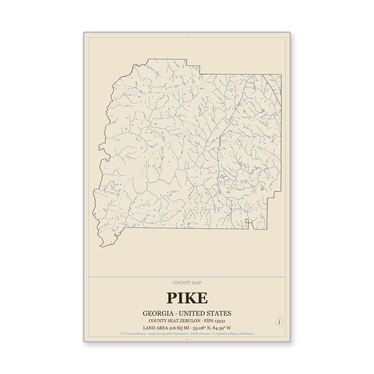 Pike County, Georgia Map Aluminum Sign in Heritage Nautical style