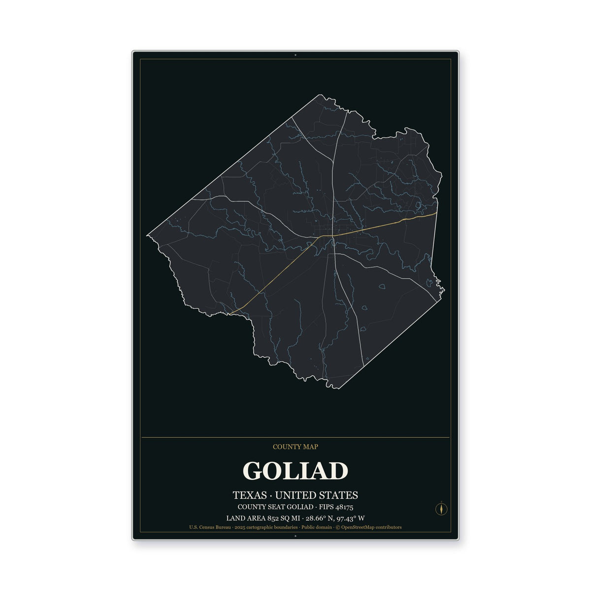 Goliad County, Texas Map Aluminum Sign in Metropolitan Noir style