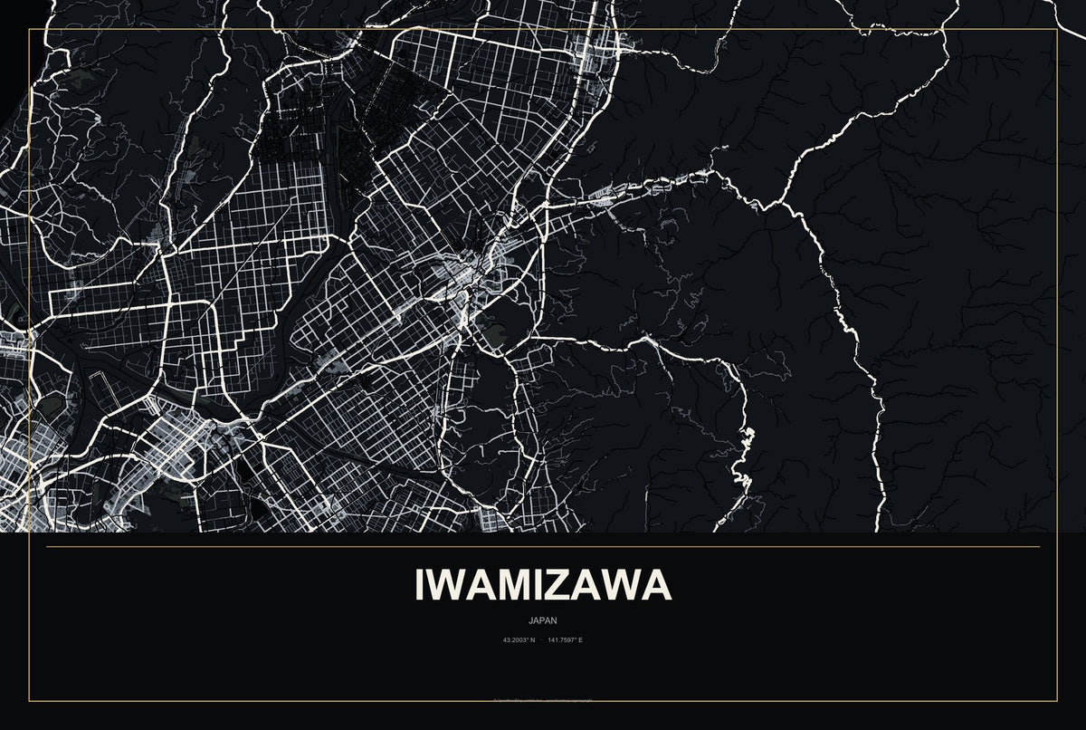 Iwamizawa, Japan City Map Aluminum Sign in Metropolitan Noir style