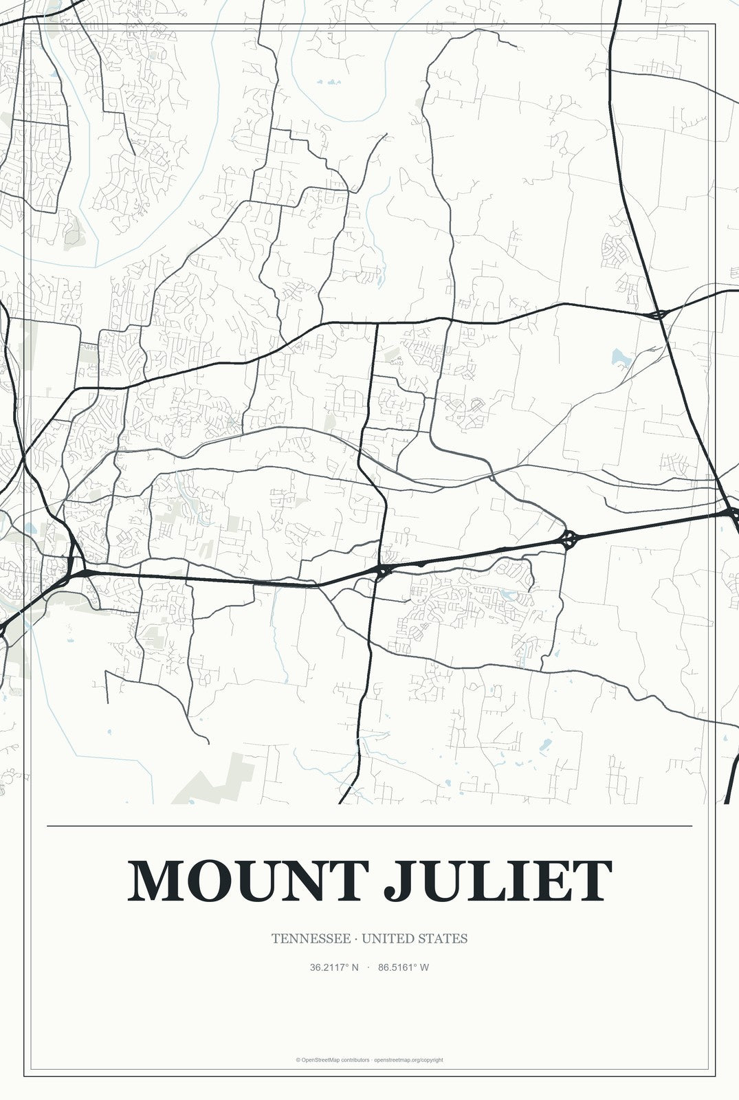 Mount Juliet, Tennessee City Map Aluminum Sign in Gallery Air style