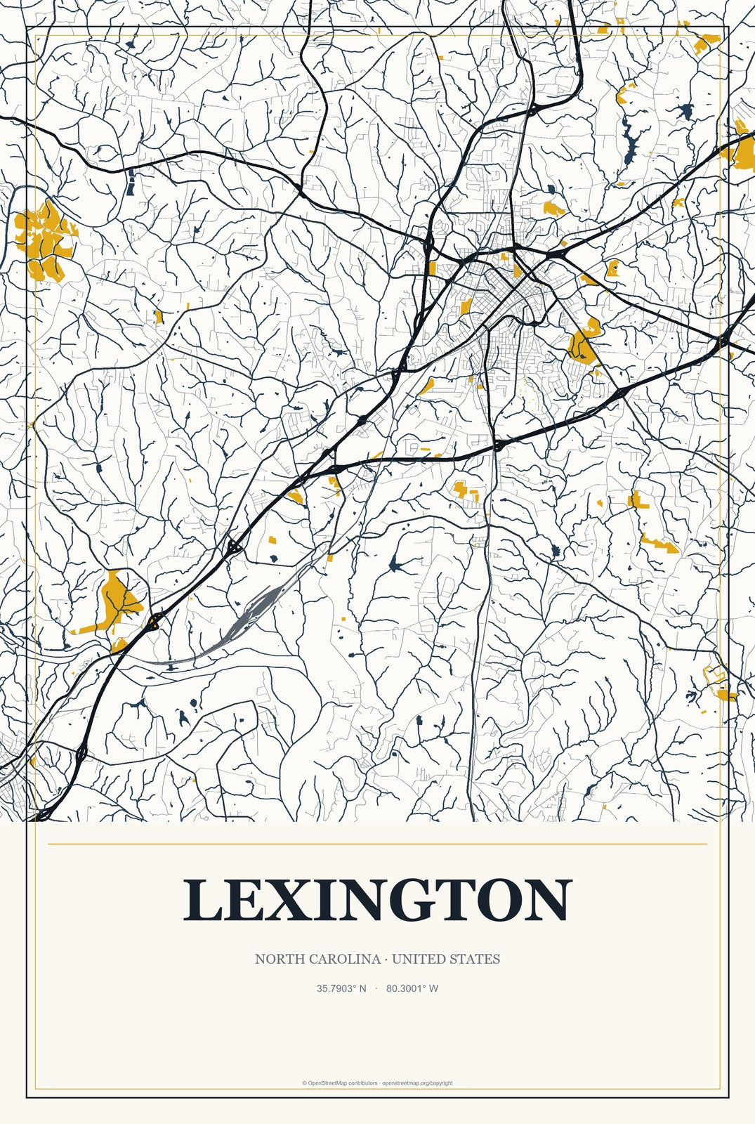 Lexington, North Carolina City Map Aluminum Sign in Citrine Modern style