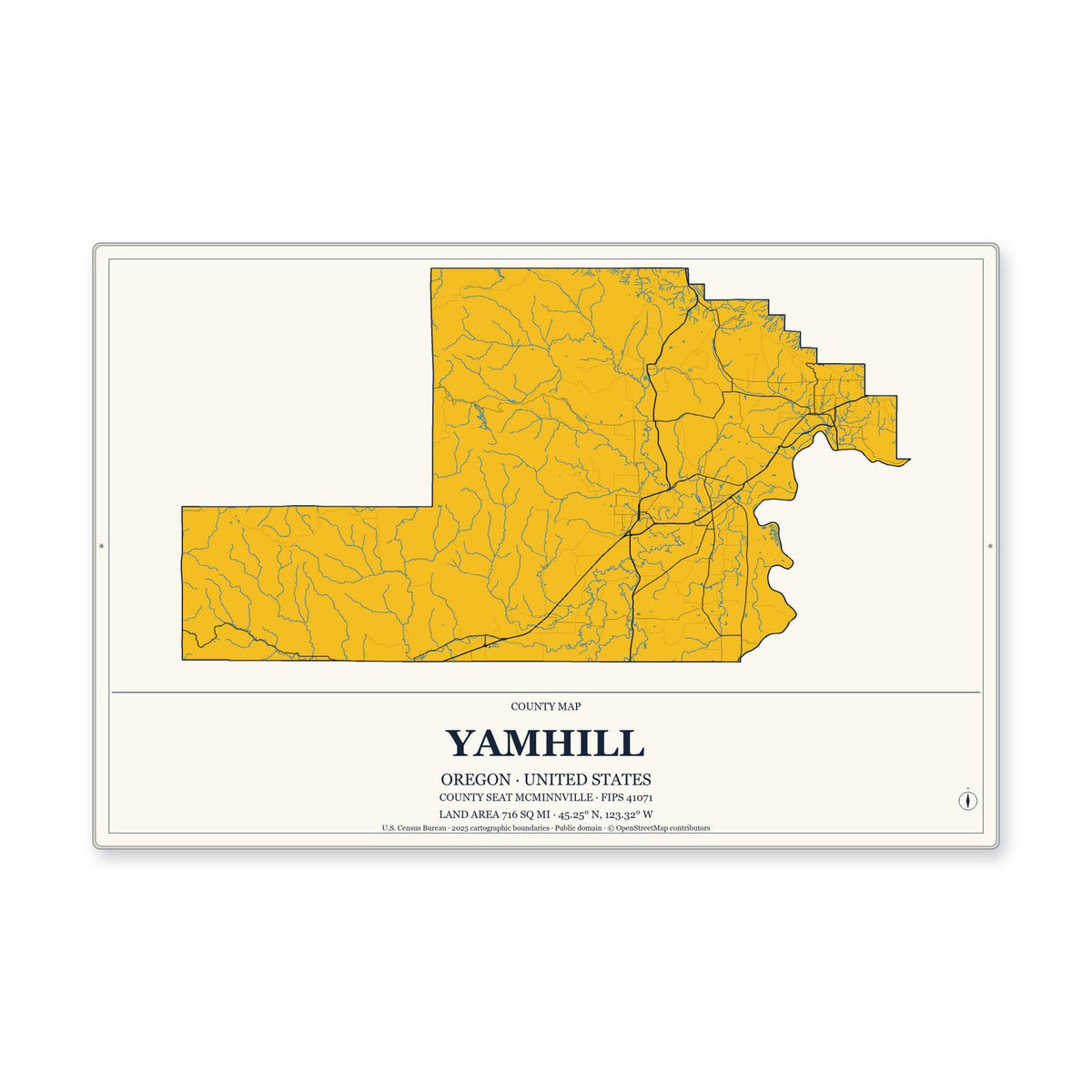 Yamhill County, Oregon Map Aluminum Sign in Citrine Modern style