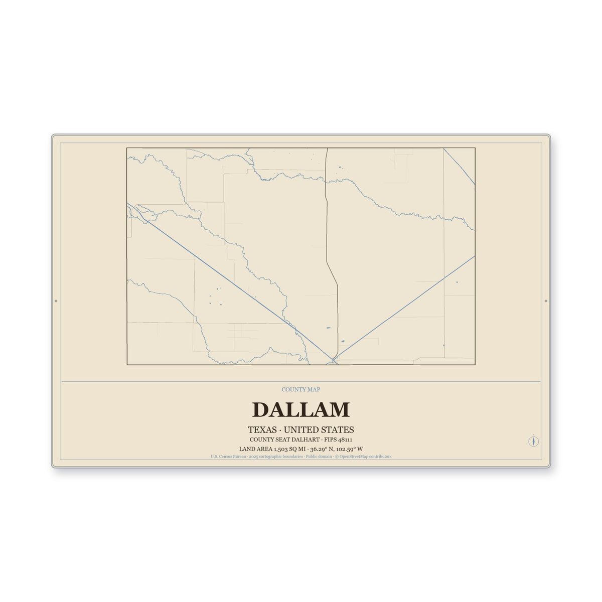 Dallam County, Texas Map Aluminum Sign in Heritage Nautical style