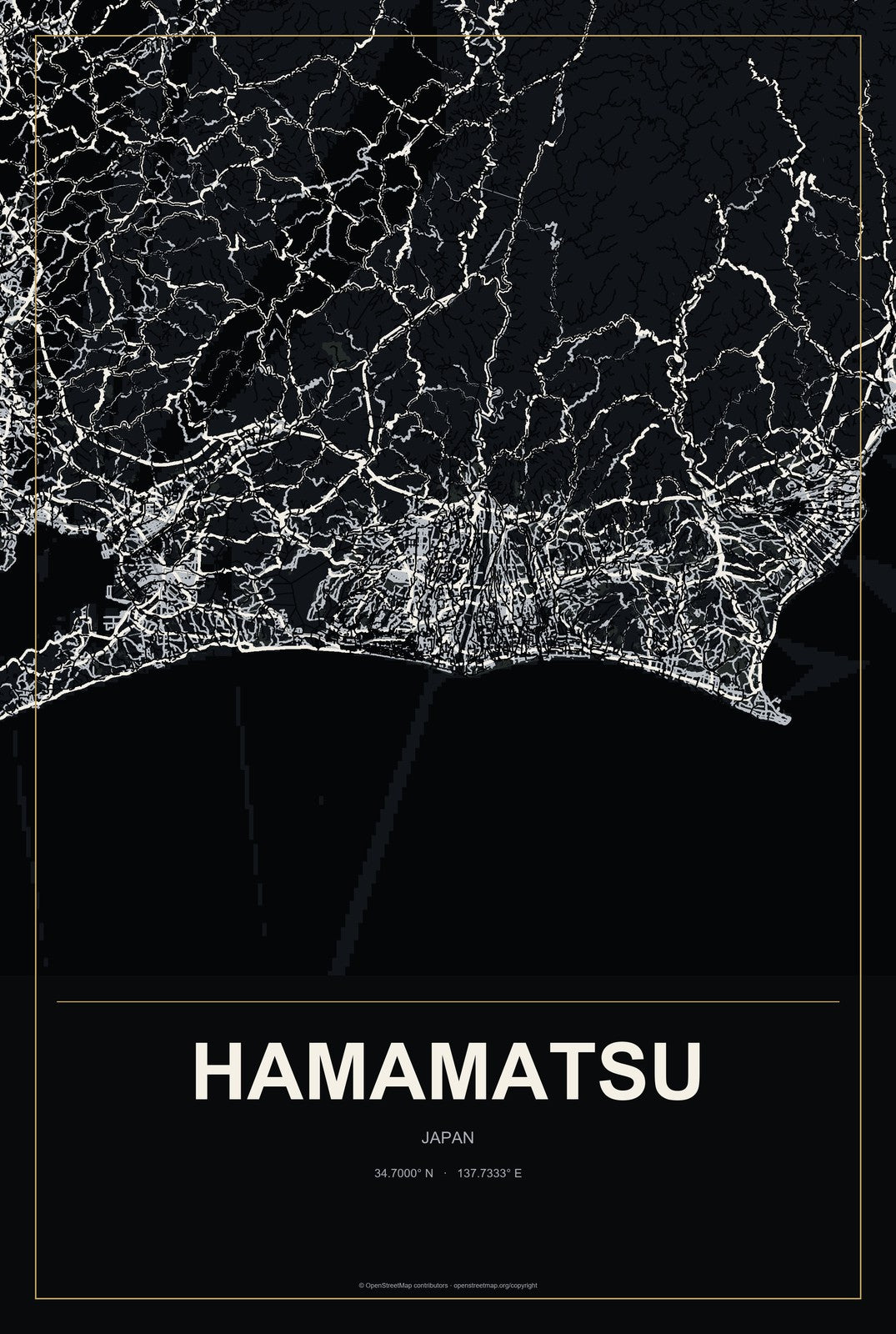Hamamatsu, Japan City Map Aluminum Sign in Metropolitan Noir style