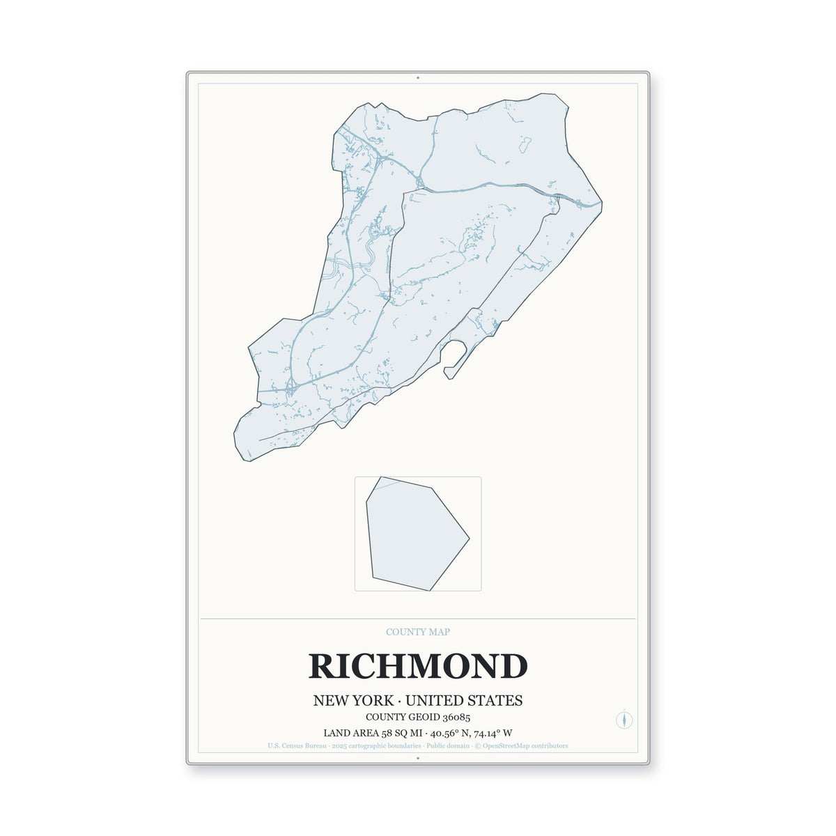 Richmond County, New York Map Aluminum Sign in Gallery Air style