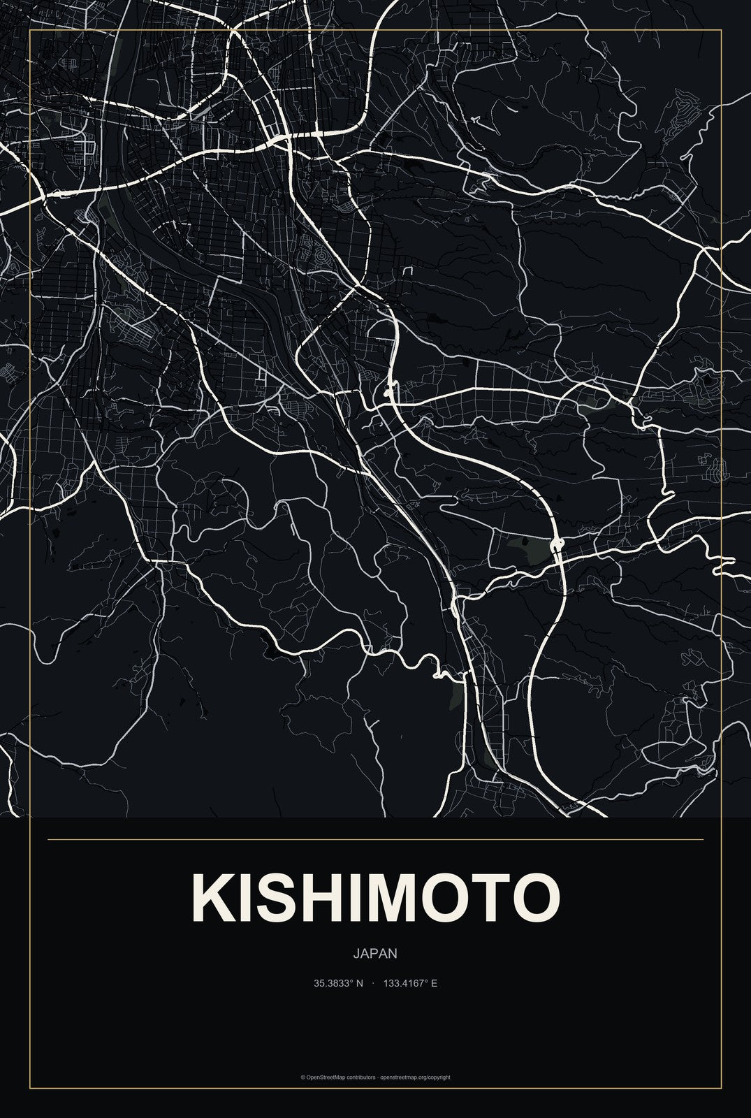 Kishimoto, Japan City Map Aluminum Sign in Metropolitan Noir style
