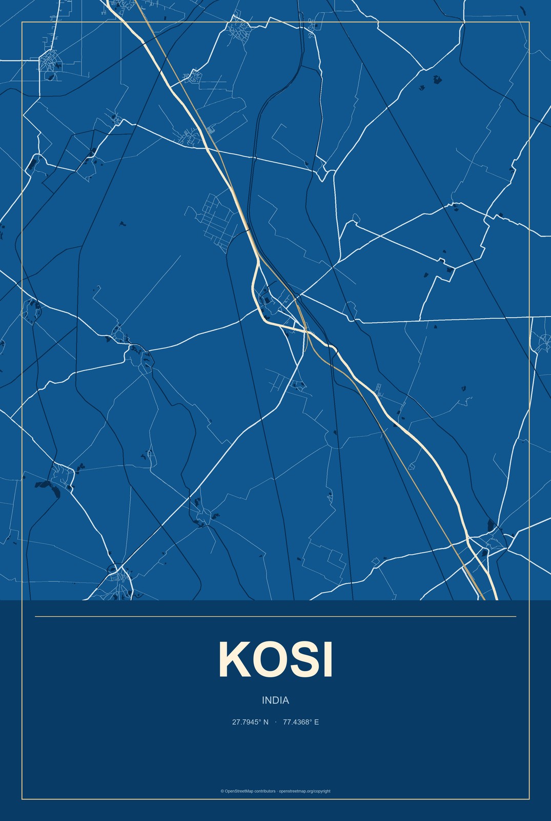 Kosi, India City Map Aluminum Sign in Harbor Cobalt style