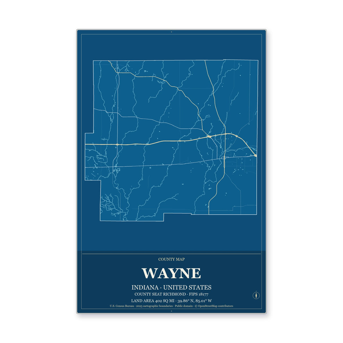 Wayne County, Indiana Map Aluminum Sign in Harbor Cobalt style