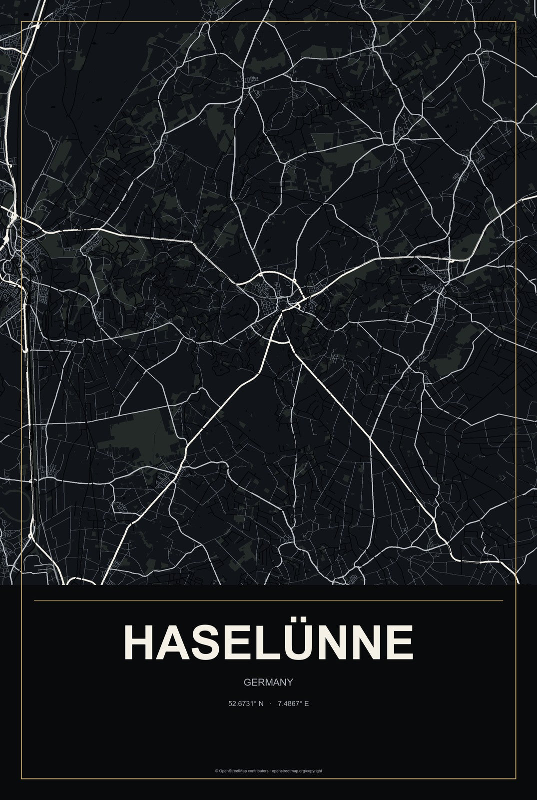 Haselünne, Germany City Map Aluminum Sign in Metropolitan Noir style