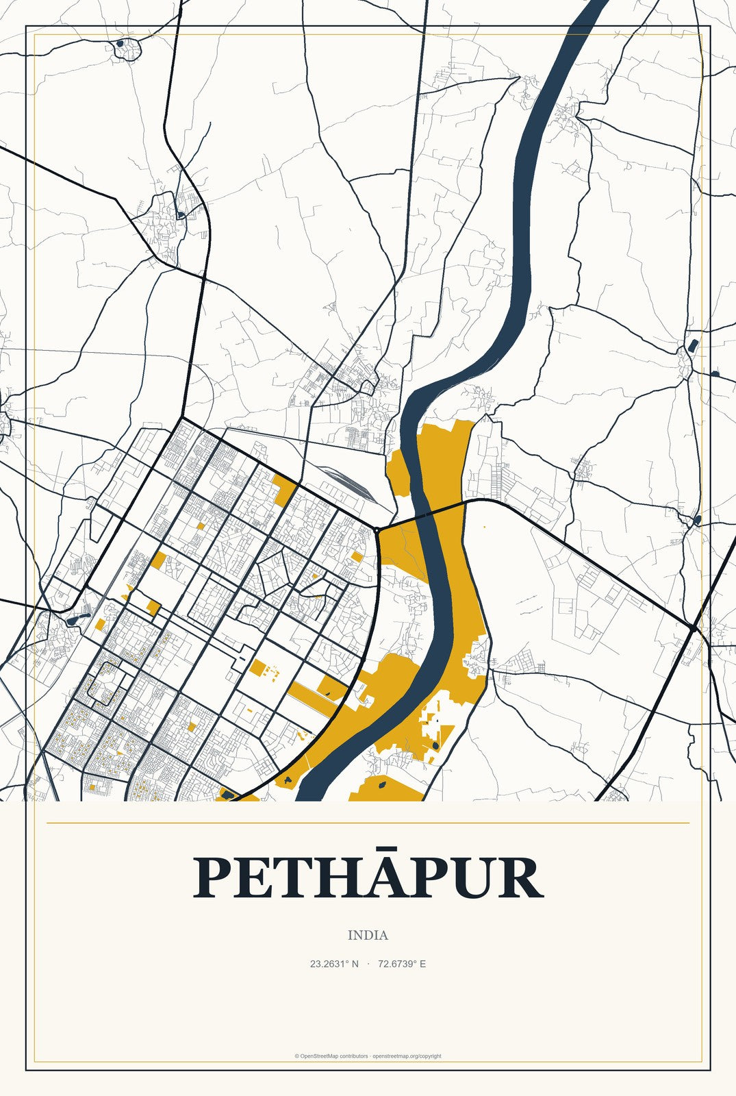 Pethāpur, India City Map Aluminum Sign in Citrine Modern style