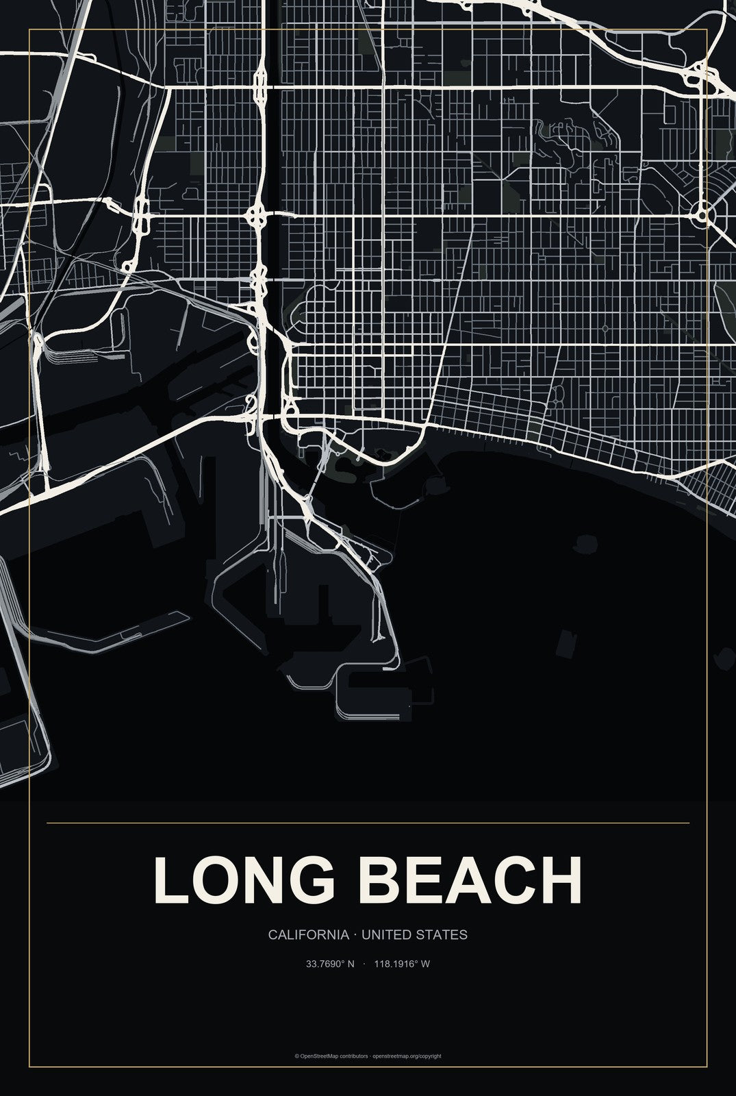 Long Beach, California City Map Aluminum Sign in Metropolitan Noir style