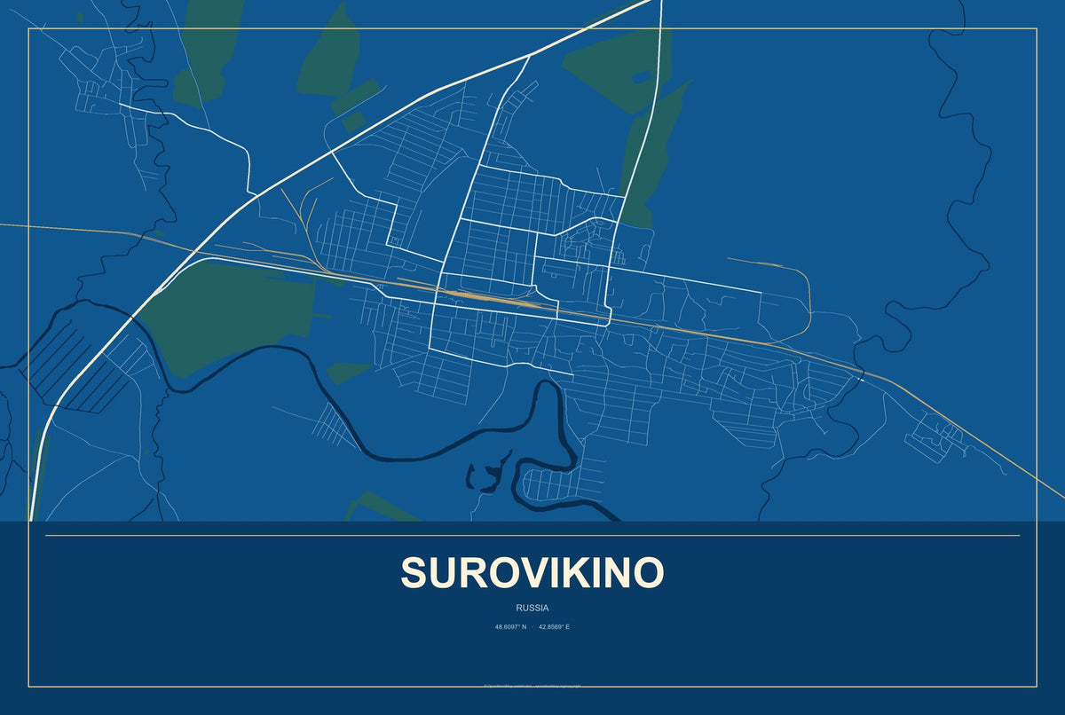 Surovikino, Russia City Map Aluminum Sign in Harbor Cobalt style