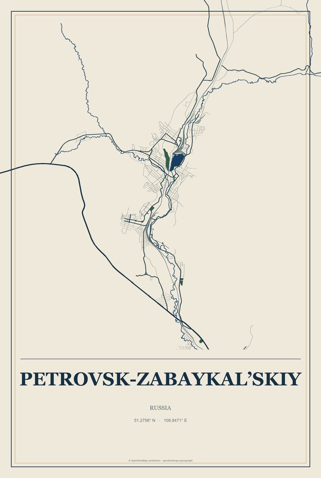 Petrovsk-Zabaykal’skiy, Russia City Map Aluminum Sign in Coastal Cutout style