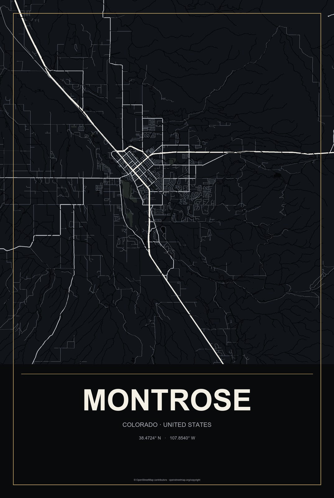 Montrose, Colorado City Map Aluminum Sign in Metropolitan Noir style